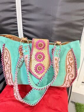 Turquoise Suede Embroidered Tote with Pink Accents